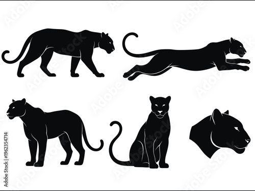 A striking collection of black panther silhouettes showcases the animal in various poses including walking leaping and resting positions high quality