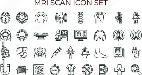 MRI scan outline icon set with medical imaging radiology anatomy diagnostic symbols for healthcare apps dashboards interfaces presentations education materials