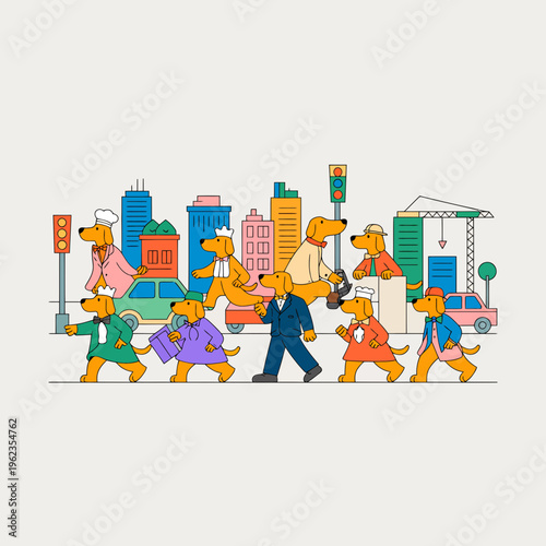 Dogs Walking on City Street with Buildings and Traffic Light