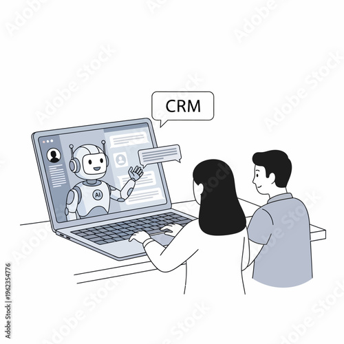 CRM AI chatbot assisting people with customer relationship management on laptop screen