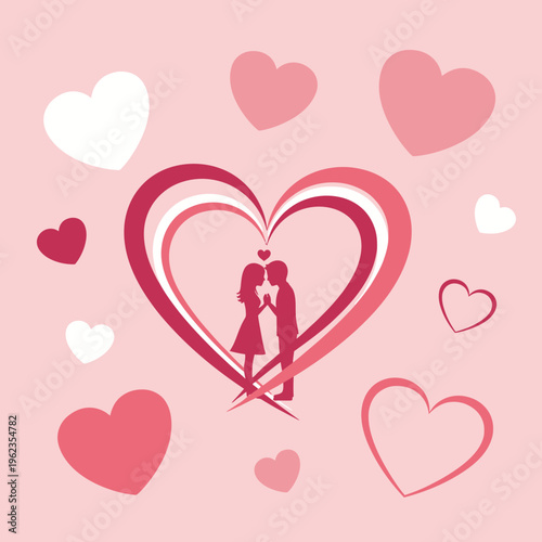 Couple silhouette kissing inside layered heart, surrounded by hearts, romantic love concept