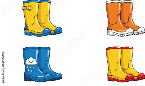 Rain Boots Illustration Set with Colorful Rubber Footwear Cartoon Style Collection for Weather, Gardening, and Outdoor Fashion Design