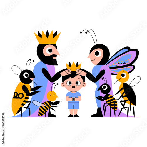 King and Queen Bees Crowning Young Boy with Golden Crown
