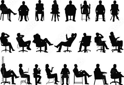 Collection of seated people silhouettes on various chairs showing diverse postures, office work, ergonomics, human behavior, and modern graphic design for stock illustration.