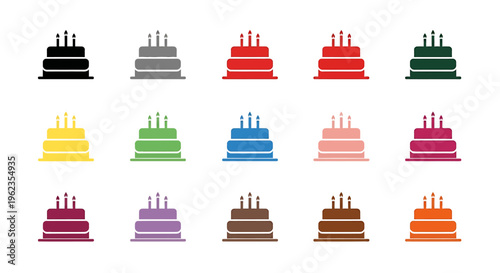 A grid of fifteen identical three-layered birthday cakes with three candles each, displayed in various vibrant and muted colors against a white background.