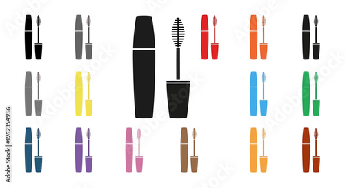 Collection of colorful mascara tubes and wands, including a detailed black mascara illustration with an open tube and brush.