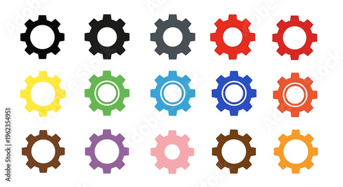 A vibrant collection of fifteen colorful gear icons arranged in rows, symbolizing settings, mechanics, and industrial processes.