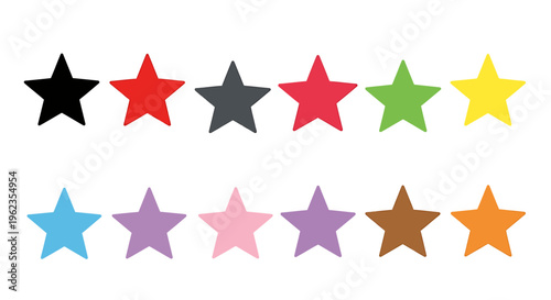 A collection of twelve colorful star shapes arranged in two rows on a white background, showcasing various hues and designs.