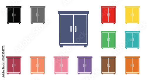 A collection of various colored two-door cabinets, including black, grey, blue, red, yellow, green, and more, suitable for storage.