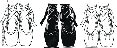 Set of hand drawn ballet pointe shoes illustrations featuring black and white line art and dark silhouettes for dance studio logos, posters, and artistic designs.