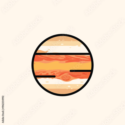 Illustration of a celestial body with warm tones, possibly a planet. It is inside a black outlined circle with horizontal stripes