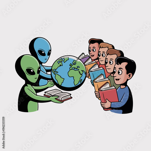 Aliens Sharing Books with People Around Globe