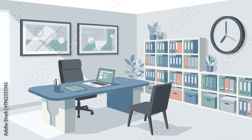 Modern minimalist home office interior with desk, laptop, and bookshelves