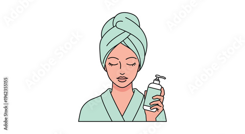Woman in green robe and towel on head holding skincare lotion in minimalist line art style with soft pastel colors and simple illustration for beauty and wellness advertising