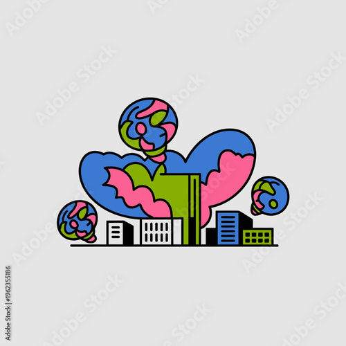 Colorful Cityscape with Abstract Clouds and Buildings