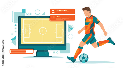 Soccer player and digital sports interface with game field and scores on screen