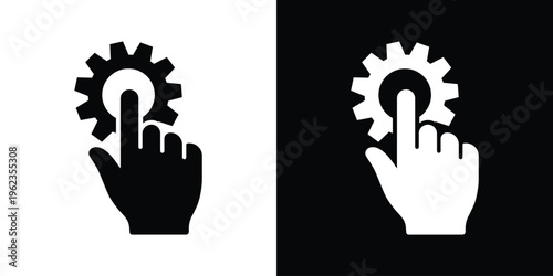 Vector icon of a hand clicking on a large gear wheel, symbolizing manual settings, system interaction, process control, and technical optimization. Simple flat black and white design.
