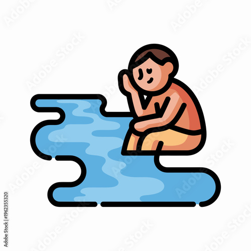 Sad Boy Sitting on Puzzle Piece in Water