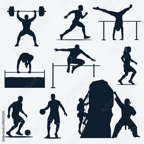Diverse Sports Silhouettes: Athletes in Action - Weightlifting, Running, Gymnastics, Climbing, Basketball