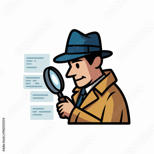 Detective Man Investigating Documents with Magnifying Glass