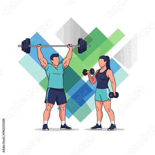 Fit couple exercising with weights, man lifting barbell, woman with dumbbells, gym workout