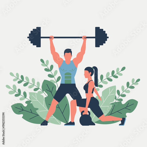 Fit couple exercising together with weights, man lifting barbell, woman doing kettlebell lunge