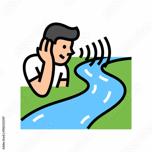 Man Shouting Across Winding River in Green Landscape
