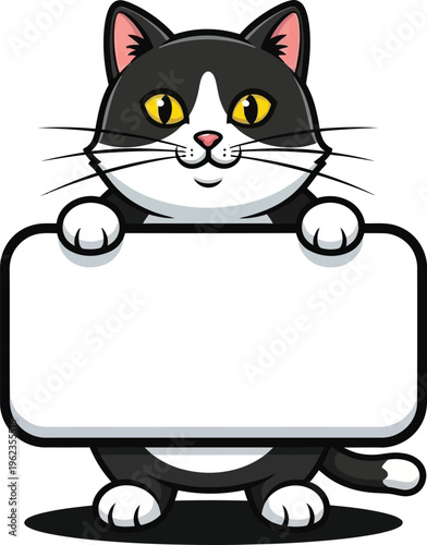 an adorable cartoon black and white cat cheerfully presents a blank rectangular sign looking directly at the viewer with playful eyes