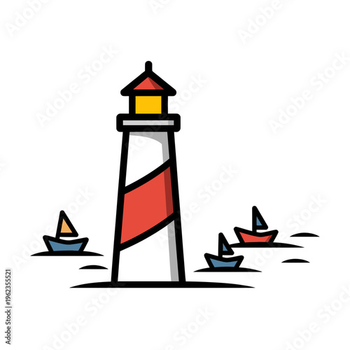 Lighthouse with Sailing Boats on Water