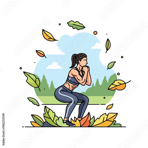 Woman doing squats outdoors in autumn with falling leaves, fitness and healthy lifestyle