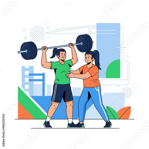 Woman lifting barbell with trainer's help, fitness, strength training, gym workout, healthy lifestyle