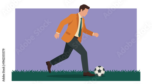 Flat illustration of a businessman in a suit playing soccer on grass