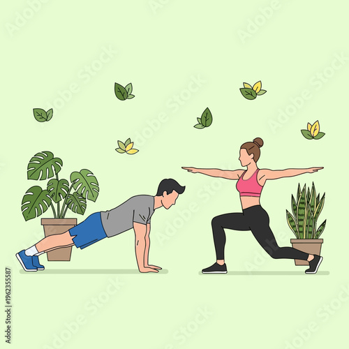 Couple doing fitness exercises at home, yoga and workout
