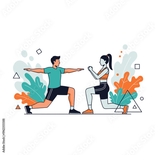 Couple doing lunges and stretching exercises outdoors with plants