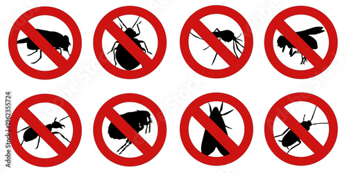 No Insects Signs Set. Set of prohibition signs with insects silhouettes inside red crossed circles. Includes mosquito, fly, cockroach, ant, beetle and other pests. Isolated on white background.