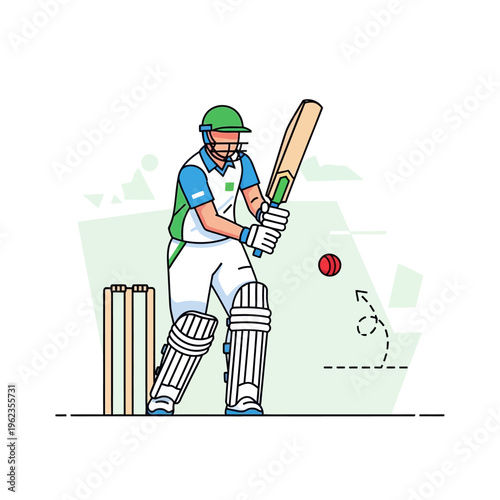 Cricket player batting, batsman hitting ball with bat, sports action illustration