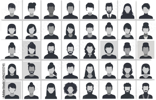 a grid display of grayscale silhouettes depicting diverse headshots of numerous anonymous individuals arranged in a uniform pattern high quality professional