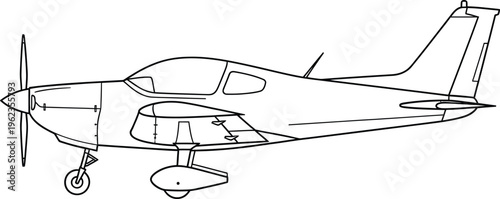 a detailed line drawing showcases a small single engine airplane viewed from the side highlighting its aerodynamic design and key features