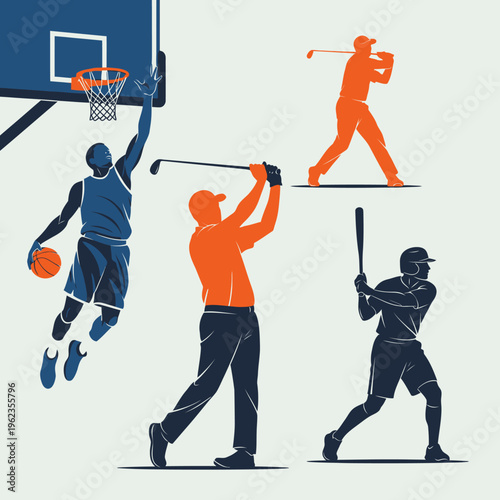 Diverse Athletes Silhouette: Basketball, Golf, Baseball - Dynamic Sports Action