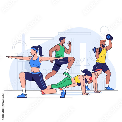 Diverse group of people exercising together in a gym, fitness class, healthy lifestyle