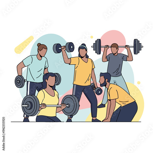 Diverse group of people lifting weights in a gym, fitness and workout concept