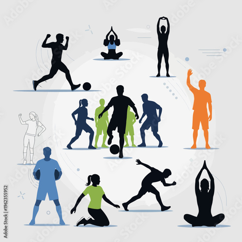 Diverse people exercising and playing sports, active lifestyle concept