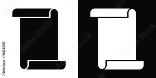 Icon of a vertical scroll with both top and bottom edges curled. Symbolizes history, ancient manuscripts, certificates, legal decrees, or formal diplomas in a bold black and white style.