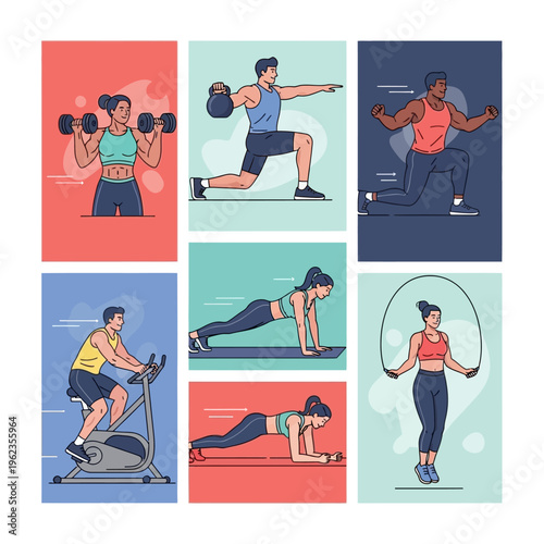 Diverse people exercising at home and gym: weightlifting, cardio, jump rope, plank