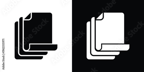 Vector illustration of two stacked sheets of paper with curled edges. Represents multiple documents, file copies, archives, content management, and administrative paperwork tasks.