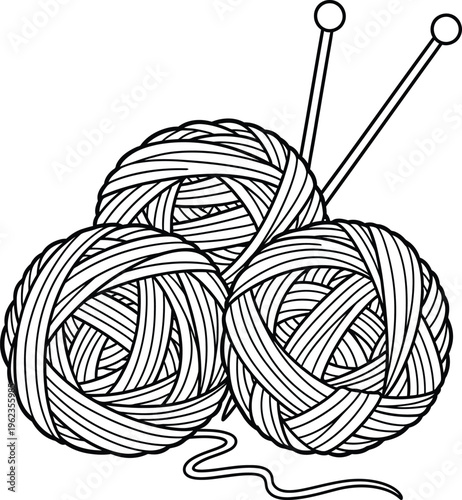 a black and white illustration shows three balls of yarn with knitting needles representing a cozy crafting hobby and textile art