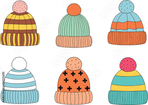 Winter Knit Hat Illustration Set with Colorful Beanies and Pom Pom Caps Cute Cartoon Collection for Cold Weather Fashion and Seasonal Design