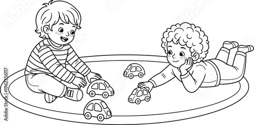 two young children are happily playing with several small toy cars on a circular rug indoors enjoying playtime together high quality