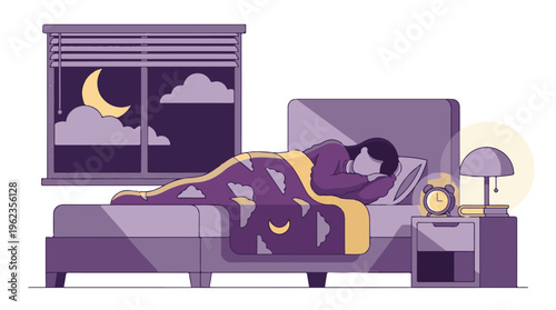 Woman sleeping peacefully in bed at night with moon visible through window