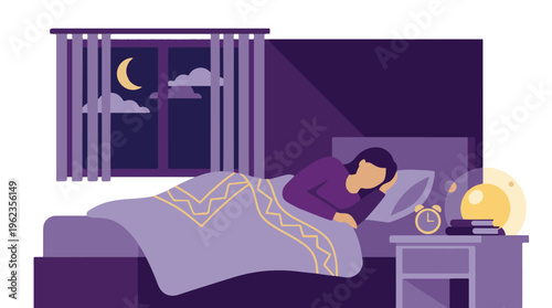 Woman sleeping peacefully in a comfortable bed at night illustration